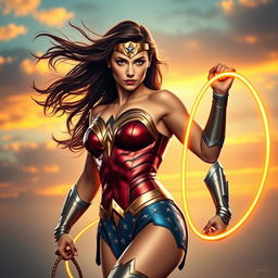 A powerful and sexy depiction of Wonder Woman, showcasing her iconic costume with a modern twist