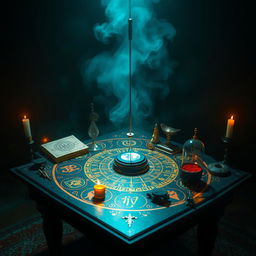 A mystical and esoteric scene featuring a radionic table with various instruments like a pendulum and radiesthesia tools