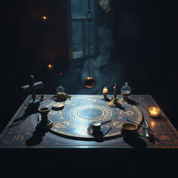 A mystical and esoteric scene featuring a radionic table with various instruments like a pendulum and radiesthesia tools