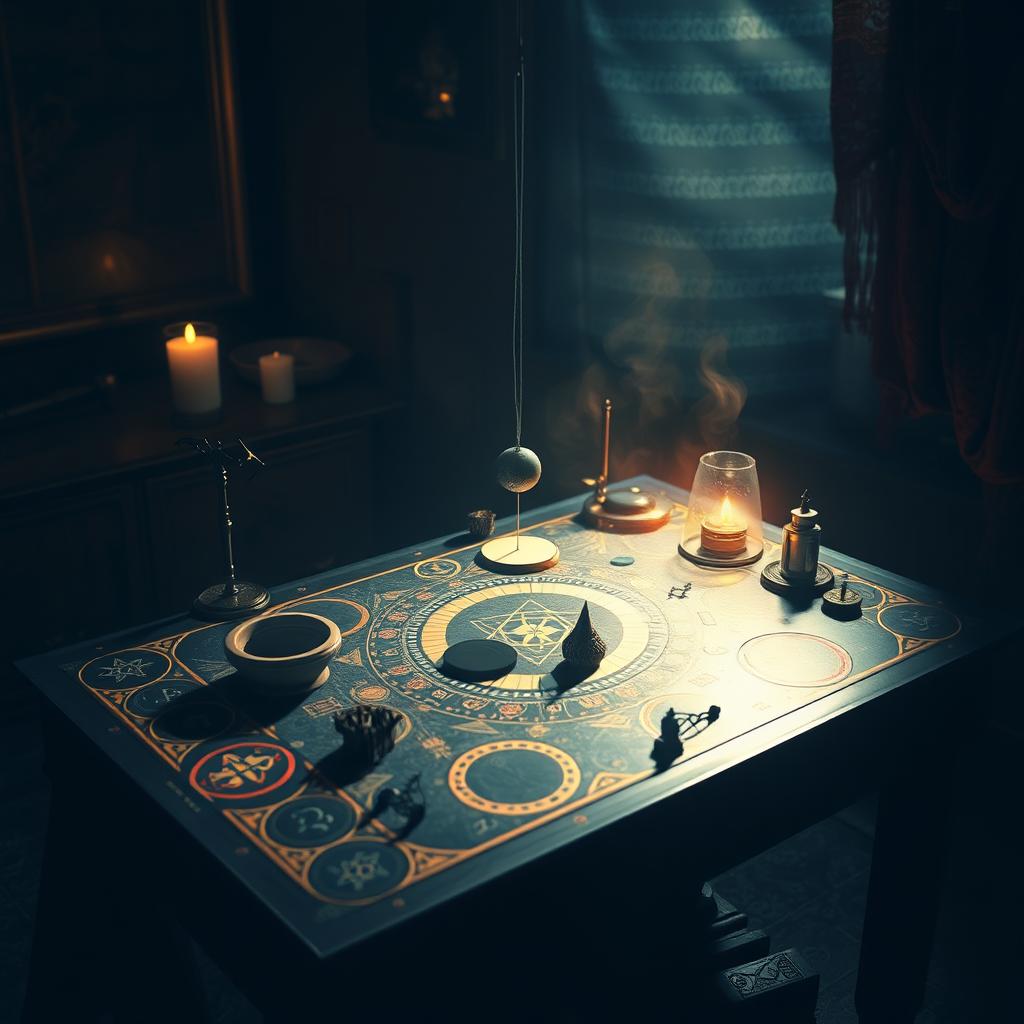 A mystical and esoteric scene featuring a radionic table with various instruments like a pendulum and radiesthesia tools