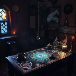 A mystical and esoteric scene featuring a radionic table with various instruments like a pendulum and radiesthesia tools