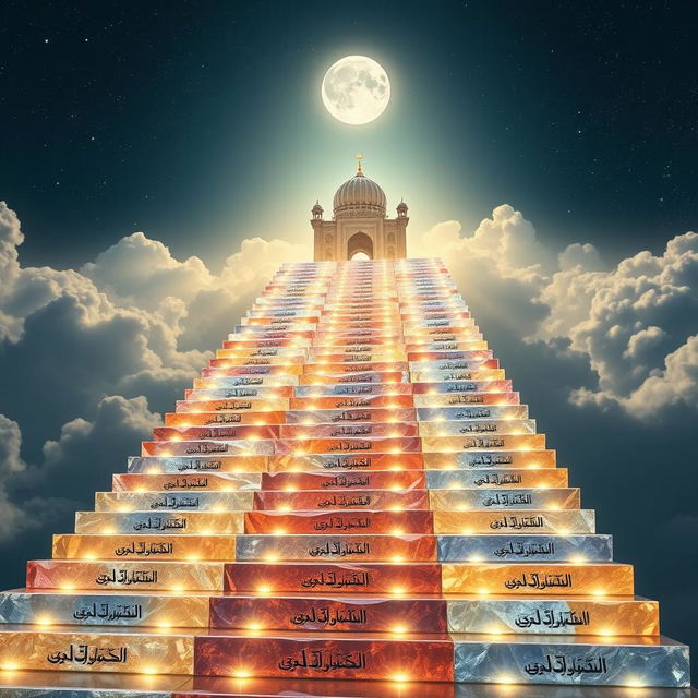 A mystical scene featuring a grand, celestial staircase composed of gemstones, shimmering under a moonlit sky