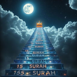 A mystical scene featuring a grand, celestial staircase composed of gemstones, shimmering under a moonlit sky