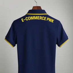 A navy polo shirt featuring a sleek design with a yellow stripe elegantly lining the collar