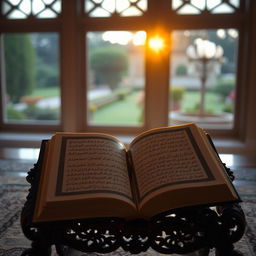 A tranquil scene with an open Quran on an intricately designed wooden stand, bathed in the golden light of dawn