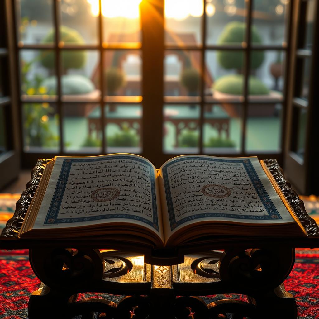 A tranquil scene with an open Quran on an intricately designed wooden stand, bathed in the golden light of dawn