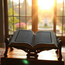 A tranquil scene with an open Quran on an intricately designed wooden stand, bathed in the golden light of dawn