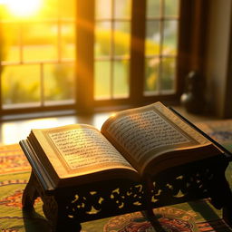 A tranquil scene with an open Quran on an intricately designed wooden stand, bathed in the golden light of dawn