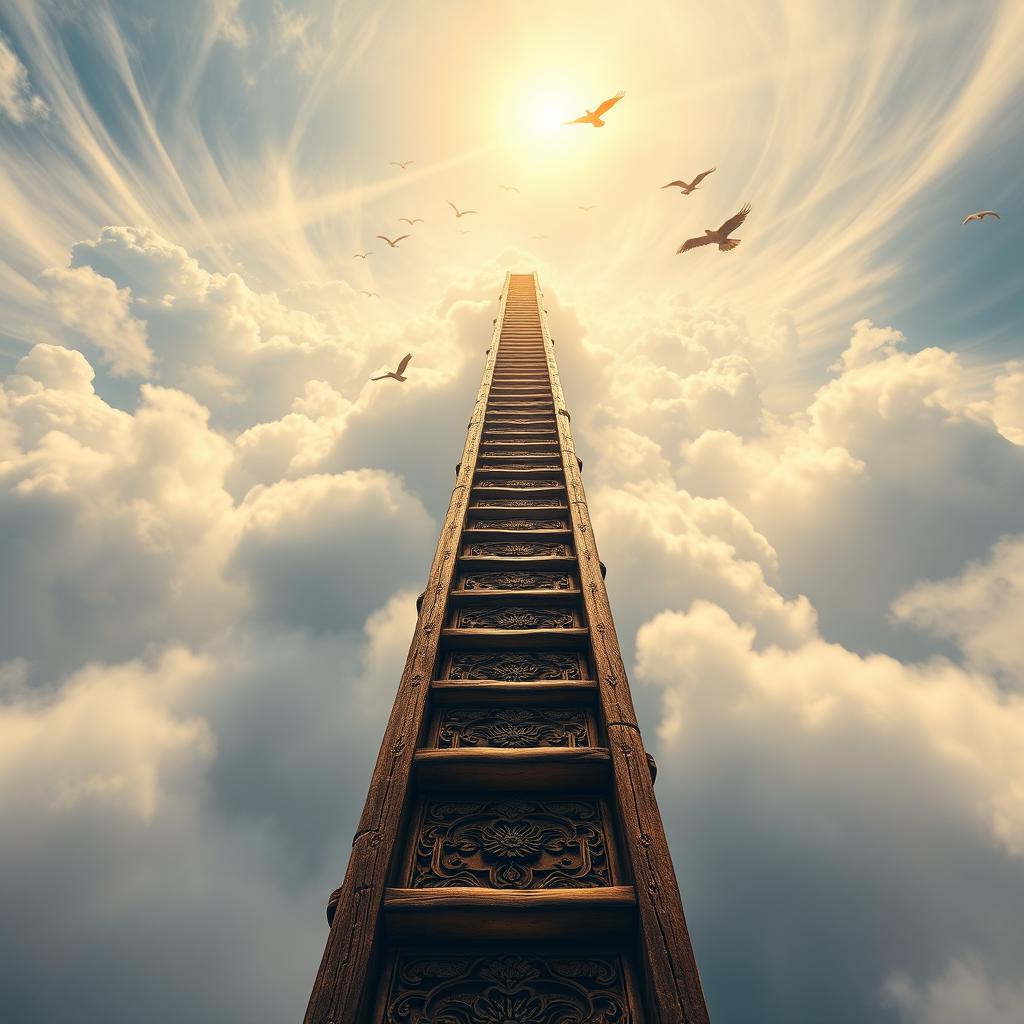 A long, authentic wooden ladder stretching up towards the heavens, disappearing into a sea of wispy clouds