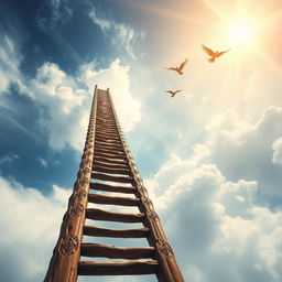 A long, authentic wooden ladder stretching up towards the heavens, disappearing into a sea of wispy clouds