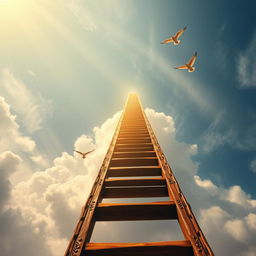 A long, authentic wooden ladder stretching up towards the heavens, disappearing into a sea of wispy clouds