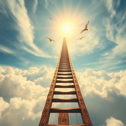 A long, authentic wooden ladder stretching up towards the heavens, disappearing into a sea of wispy clouds