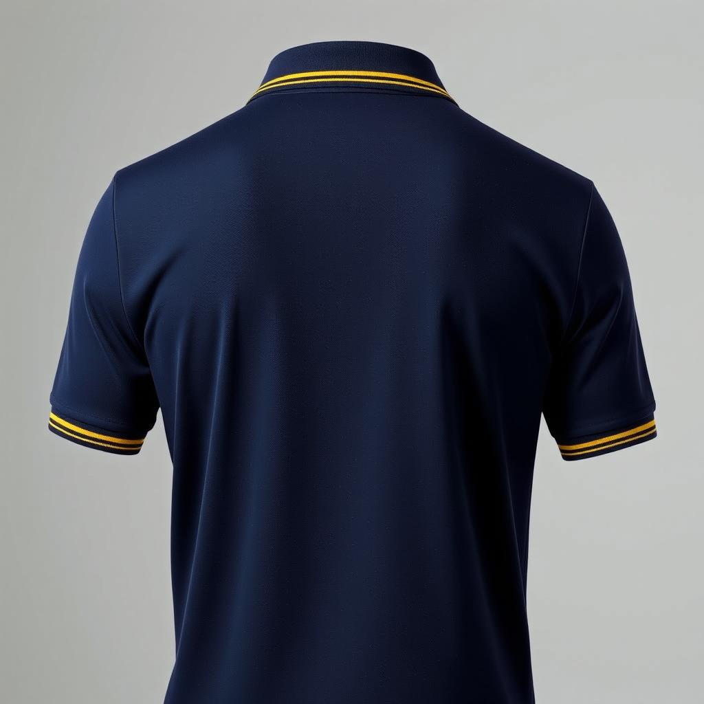 The image features a navy polo shirt viewed from the back, showcasing a stylish yellow stripe along the collar