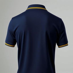 The image features a navy polo shirt viewed from the back, showcasing a stylish yellow stripe along the collar