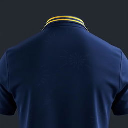 The image features a navy polo shirt viewed from the back, showcasing a stylish yellow stripe along the collar