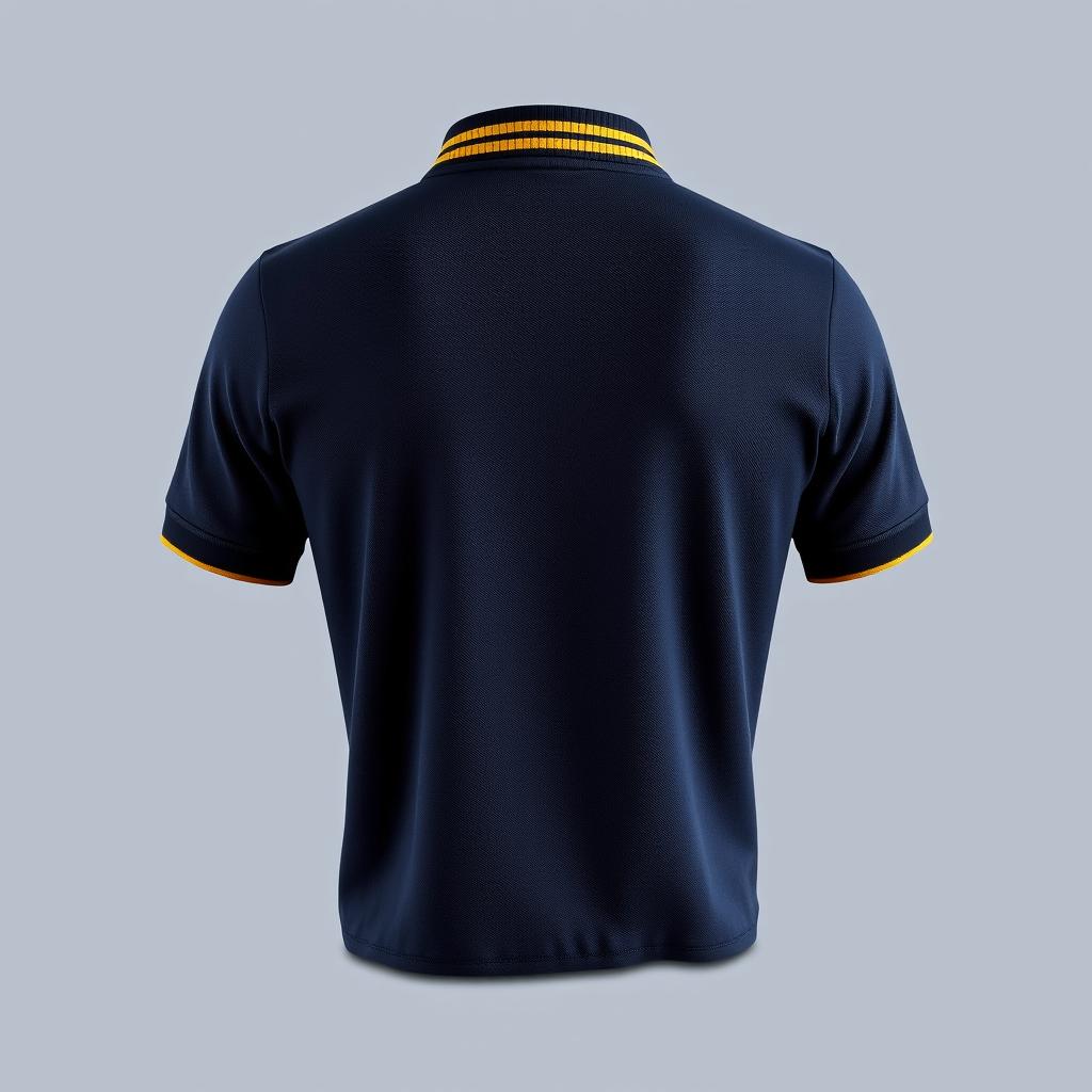 The image features a navy polo shirt viewed from the back, showcasing a stylish yellow stripe along the collar