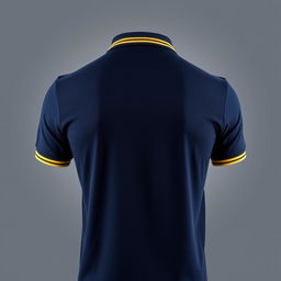 The image features a navy polo shirt viewed from the back, showcasing a stylish yellow stripe along the collar