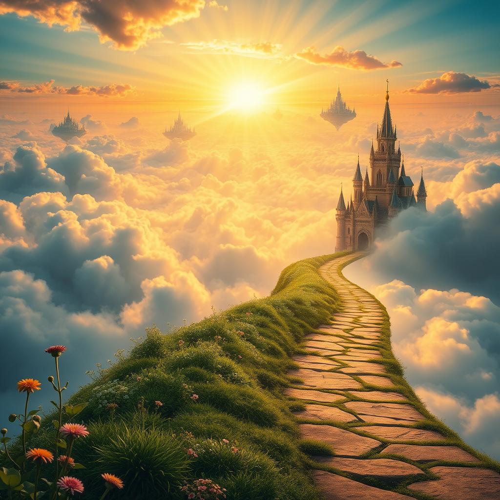 A majestic landscape depicting a pathway leading into the heavens, lined with ethereal clouds and vibrant, radiant beams of light