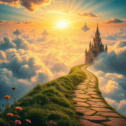 A majestic landscape depicting a pathway leading into the heavens, lined with ethereal clouds and vibrant, radiant beams of light