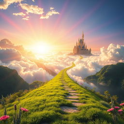 A majestic landscape depicting a pathway leading into the heavens, lined with ethereal clouds and vibrant, radiant beams of light