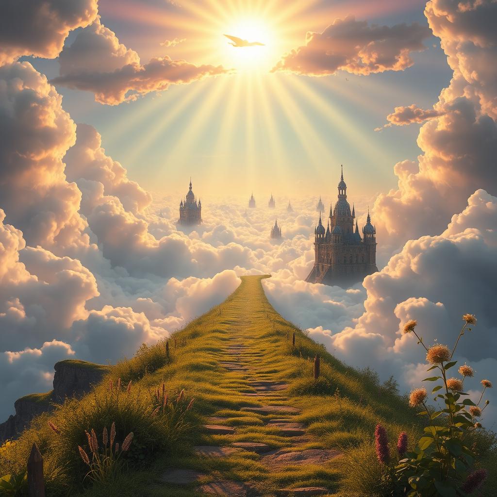 A majestic landscape depicting a pathway leading into the heavens, lined with ethereal clouds and vibrant, radiant beams of light