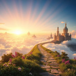 A majestic landscape depicting a pathway leading into the heavens, lined with ethereal clouds and vibrant, radiant beams of light