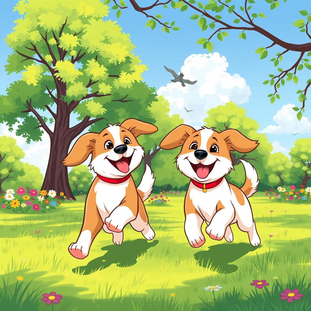 A whimsical illustration of two dogs playfully running in a park, showcasing their joyful interaction with wagging tails and happy expressions