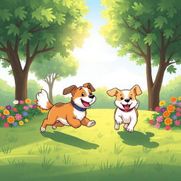 A whimsical illustration of two dogs playfully running in a park, showcasing their joyful interaction with wagging tails and happy expressions