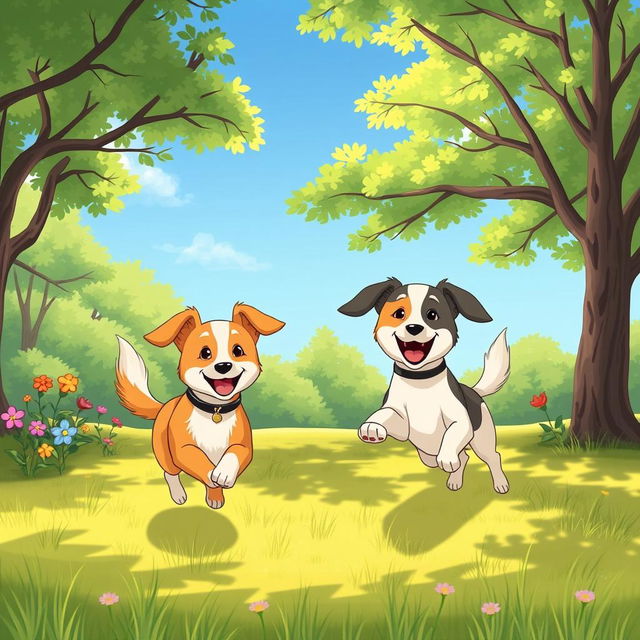 A whimsical illustration of two dogs playfully running in a park, showcasing their joyful interaction with wagging tails and happy expressions