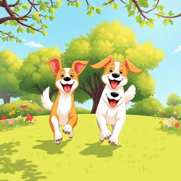 A whimsical illustration of two dogs playfully running in a park, showcasing their joyful interaction with wagging tails and happy expressions