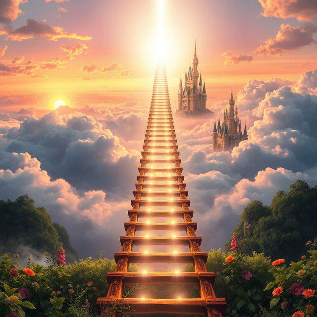 A majestic landscape depicting a ladder-like pathway leading into the heavens, each rung glowing with ethereal light