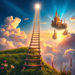 A majestic landscape depicting a ladder-like pathway leading into the heavens, each rung glowing with ethereal light