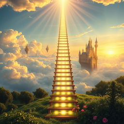 A majestic landscape depicting a ladder-like pathway leading into the heavens, each rung glowing with ethereal light