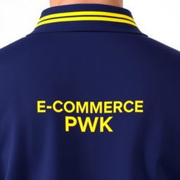 The image displays the back view of a navy polo shirt, featuring a stylish yellow stripe on the collar