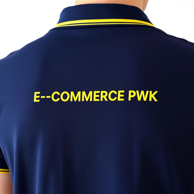 The image displays the back view of a navy polo shirt, featuring a stylish yellow stripe on the collar