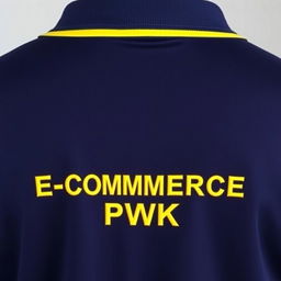 The image displays the back view of a navy polo shirt, featuring a stylish yellow stripe on the collar