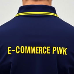 The image displays the back view of a navy polo shirt, featuring a stylish yellow stripe on the collar