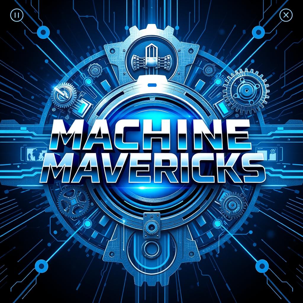 A dynamic and eye-catching poster featuring the title "MACHINE MAVERICKS" prominently displayed in bold, futuristic font