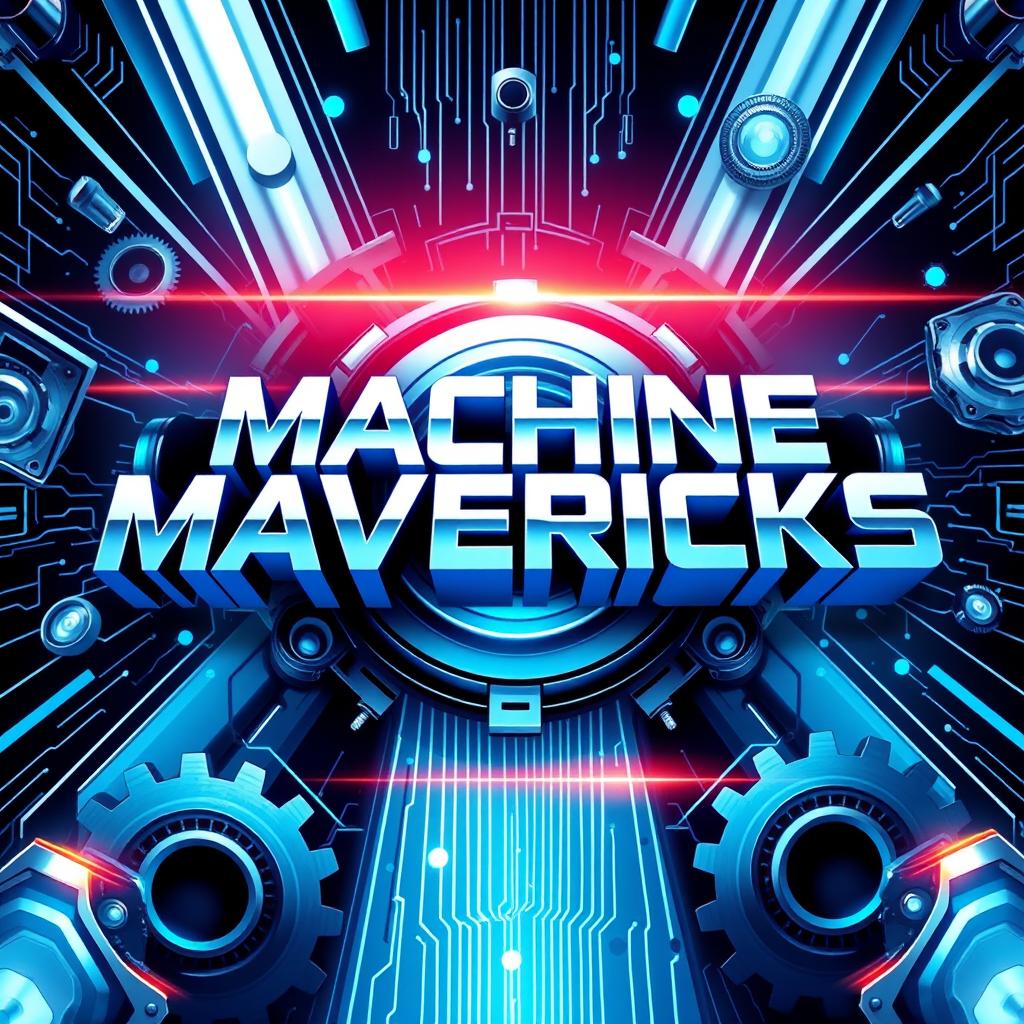 A dynamic and eye-catching poster featuring the title "MACHINE MAVERICKS" prominently displayed in bold, futuristic font