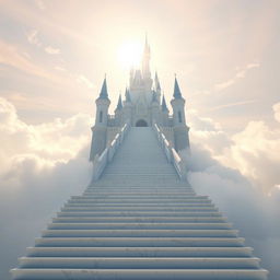 An enchanting, long stairway leading up to a magnificent castle in the clouds, evoking a heavenly atmosphere