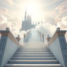 An enchanting, long stairway leading up to a magnificent castle in the clouds, evoking a heavenly atmosphere