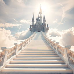 An enchanting, long stairway leading up to a magnificent castle in the clouds, evoking a heavenly atmosphere