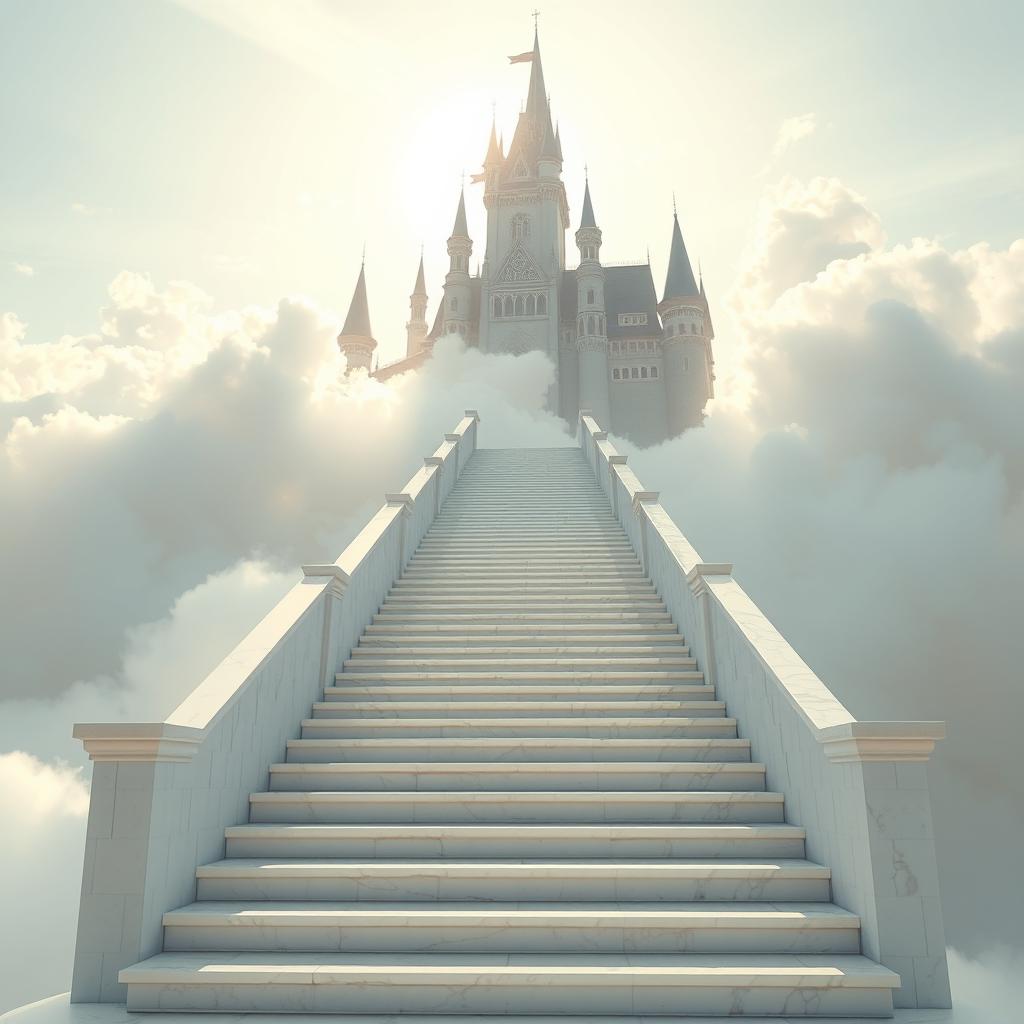 An enchanting, long stairway leading up to a magnificent castle in the clouds, evoking a heavenly atmosphere