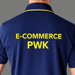 The image captures the back view of a navy polo shirt, featuring a stylish yellow stripe on the collar