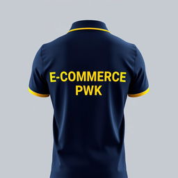 The image captures the back view of a navy polo shirt, featuring a stylish yellow stripe on the collar