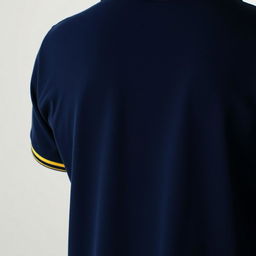 The image features a navy polo shirt from the back, highlighting a modest yellow stripe along the collar