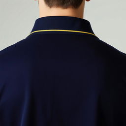 The image features a navy polo shirt from the back, highlighting a modest yellow stripe along the collar