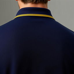 The image features a navy polo shirt from the back, highlighting a modest yellow stripe along the collar