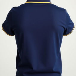 The image features a navy polo shirt from the back, highlighting a modest yellow stripe along the collar