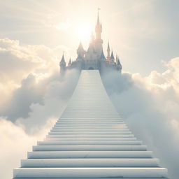 An enchanting, seemingly endless long stairway leading up to a magnificent castle in the clouds, evoking a heavenly atmosphere